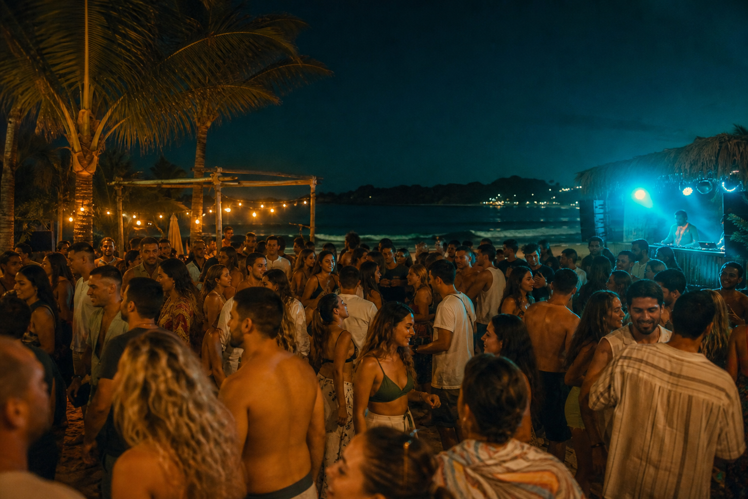 Festa noturna na praia com luzes