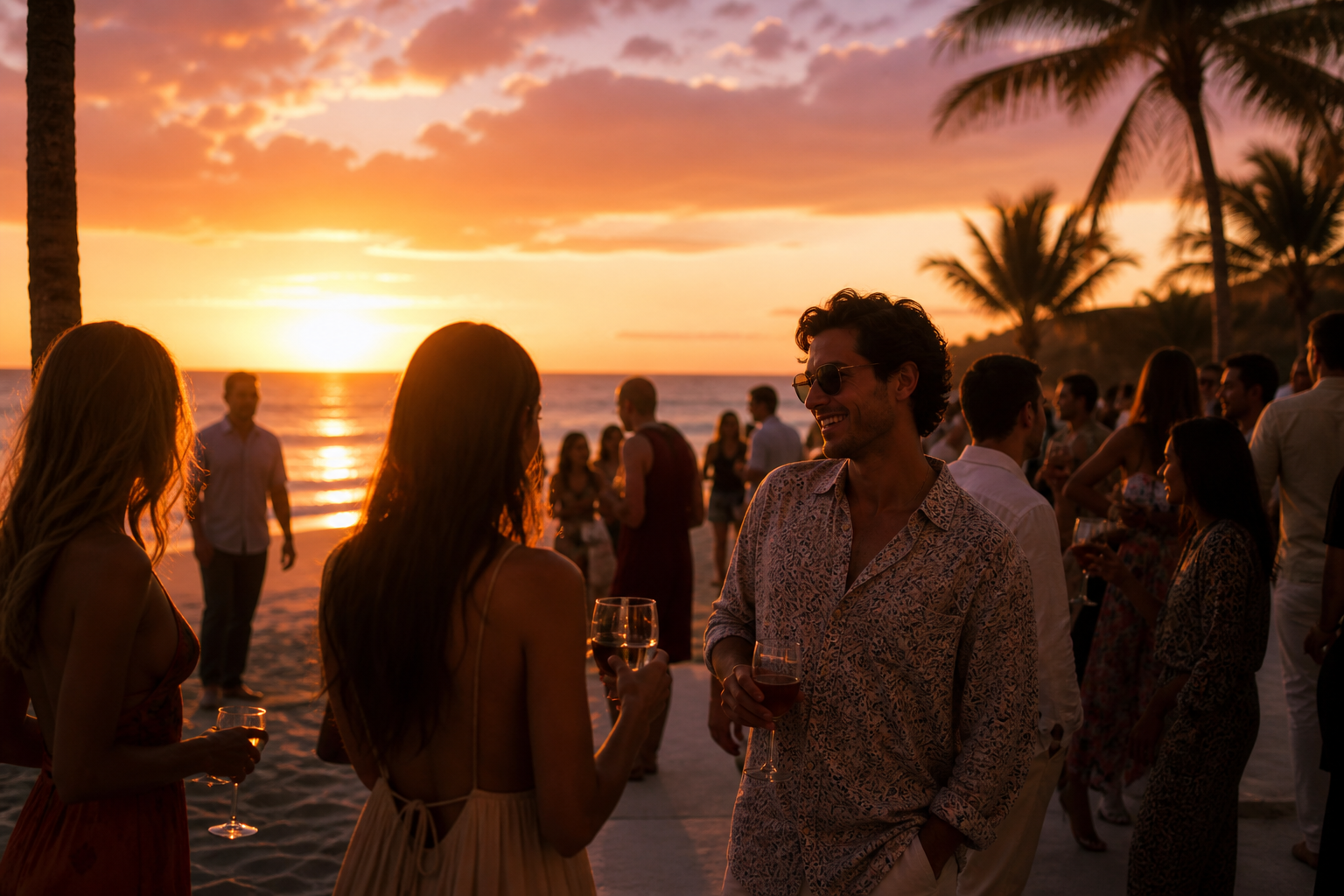 Público em festa ao pôr do sol na praia